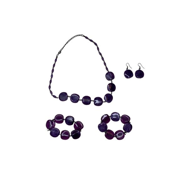 Unbranded Purple Amethyst Smooth Rock Jewelry Set Necklace Bracelet Earrings - Picture 1 of 8